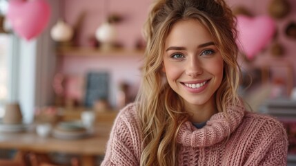 Beautiful young woman with a captivating smile surrounded by a pink cafe interior