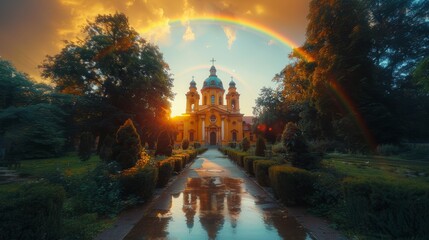 This stunning image captures a church bathed in golden sunlight with a vibrant rainbow overhead after a storm
