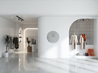 Window display of white modern and luxury fashion clothes shop in sunlight, shadow for store front...