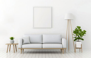 White wall with an empty picture frame above a gray sofa
