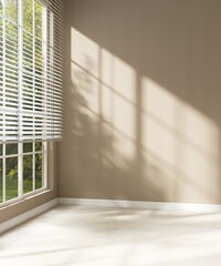 Empty room with brown wall in sunlight from window blind to backyard, tree shadow on wood laminated...