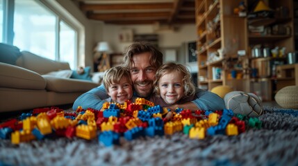 Joyful father lying on the floor playing with his children and colorful building blocks