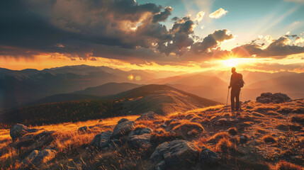 Hiker enjoying scenic mountain sunset with dramatic skies