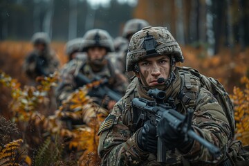 Fototapeta premium A vivid and intense image of a focused soldier in full camouflage gear aiming his rifle during a military operation
