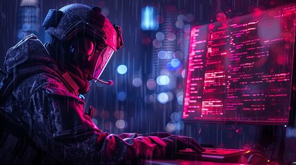 A digital artwork depicting a soldier in tactical gear programming on a computer with code on multiple screens, in a cyberpunk setting