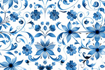 Seamless Pattern flower with Santorini-Inspired Blue and White Tile Designs Intricate blue and white geometric patterns and delicate floral motifs are arranged in a sophisticated and elegant style. 