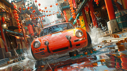 A classic orange car drives through a flooded street causing water splashes against a vibrant city backdrop