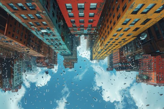 A surreal, upside-down view of a cityscape with papers floating in the sky, invoking concepts of urban life and chaos