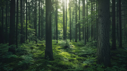 Obraz premium Serene forest with sunlight filtering through trees
