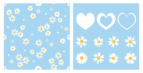 Seamless pattern with daisy chamomile flower and mini hearts on blue background. Set of daisy and heart icon signs vector.