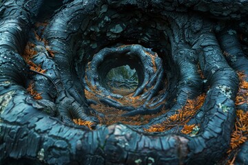 Enchanting view through a spiral of intertwined roots with a touch of autumn foliage