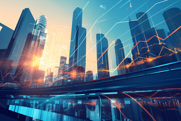 modern city skyline with superimposed financial data graphs and charts representing economic trends and analysis