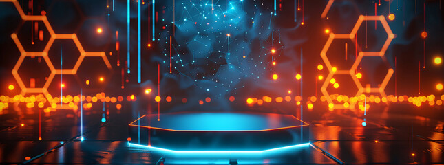Stage pedestal with glowing neon orange hexagons and blue lights in a futuristic abstract background, perfect for tech and science themes.
