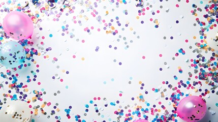 Sparkling anniversary celebration balloon glitter paper confetti arranged gracefully on a clean white surface, leaving an open space in the middle for customized additions