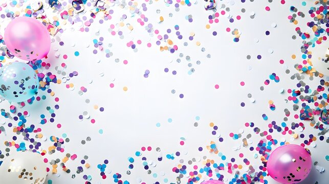 Sparkling anniversary celebration balloon glitter paper confetti arranged gracefully on a clean white surface, leaving an open space in the middle for customized additions