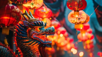 Fototapeta premium Traditional Chinese Dragon Statue with Red Lanterns