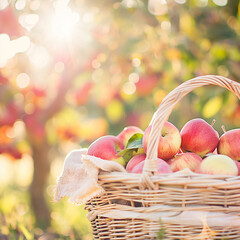 Cesto di mele appena raccolte su sfondo di un albero sfuocato alla luce del sole