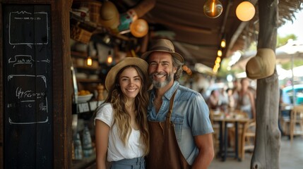 Fototapeta premium A cheerful couple posing together in front of a tropical market stall with hats