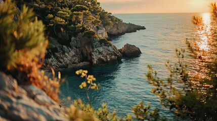 Sunset over rocky coastline with lush green pine trees - Powered by Adobe