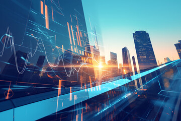 modern city skyline with superimposed financial charts and graphs representing economic trends and data analysis