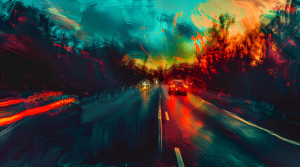 A painting of a city with lots of colorful lights ,Light trails on a rainy evening in the city ,abstract background blurred colored marks from fast moving cars night road