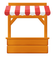 Market stall. Wooden market stand stall with red white striped awning. Vector clipart isolated on white background.