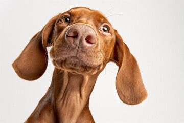 In a studio photo, a friendly Hungarian Vizsla dog is captured pulling a funny face, radiating charm and playfulness. This portrait perfectly captures the lovable and humorous nature of the dog. 