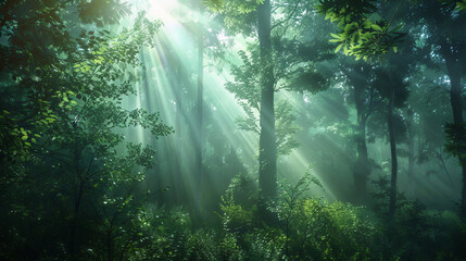 Sunlight streaming through lush green forest canopy