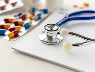 Stethoscope on a white surface, with pills and a prescription pad, clean and detailed