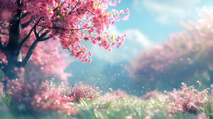 Spring blossom background. Beautiful nature scene with blooming tree and sun flare. Spring forest white flowers primroses on a beautiful blue background, Generative Ai - Powered by Adobe