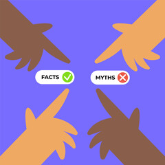 Facts versus myths. Myths facts icons and different nationalities people. Banners with true or false facts. Emblem or badge. Flat vector illustration.