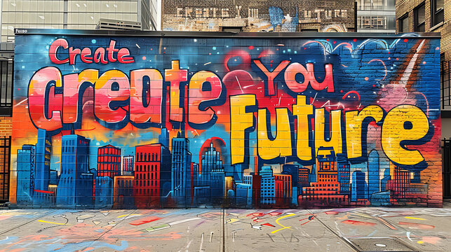 Colorful graffiti mural depicting vibrant city skyline with the words Create Your Future in dynamic lettering inspiring creativity and empowerment