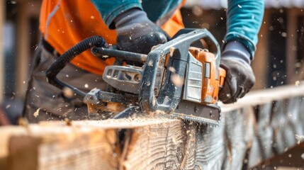 A closeup of a worker using a chainsaw to shape a large timber beam for the frame of a new building.