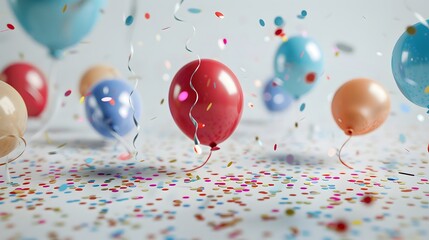 Glittery anniversary celebration balloon-shaped paper cutouts scattered gracefully on a clean white surface, offering an opportunity for customized content in the middle