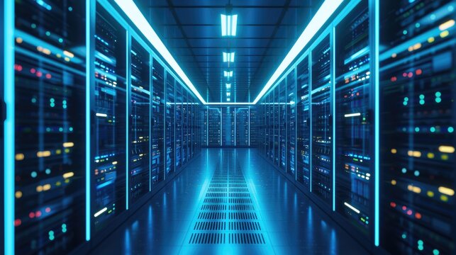 A parallel row of servers, adorned in electric blue, fills a technology-driven data center hallway with a symmetrical display of power and Azure technology. AIG41