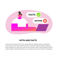 Facts versus myths. Myths facts icons. Banners with true or false facts on laptop. Emblem or badge. Flat vector illustration.