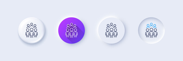 Group people line icon. Neumorphic, Purple gradient, 3d pin buttons. Business conference sign. Team meeting symbol. Line icons. Neumorphic buttons with outline signs. Vector