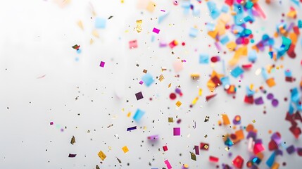 Anniversary celebration-themed glitter paper shapes floating on a white background, creating a celebratory atmosphere with an empty space in the middle for customization