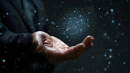 Hand with magic floating celestial encounter light stars and dots of binary codes glow , futuristic technology concept 