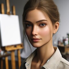 Female Artist in Her Studio with Blank Canvas