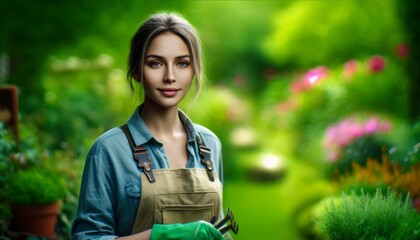 Female Gardener in Flower Garden