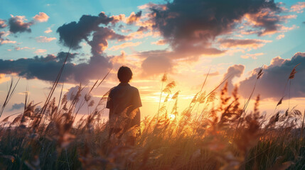 Obraz premium Person standing in grassy field at sunset with dramatic clouds