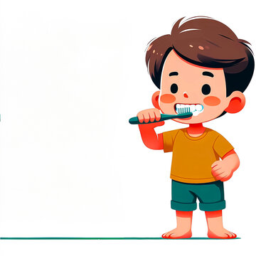 recommend clip art: Vector illustration of a little child showing brushing his teeth on a white background with copy space.