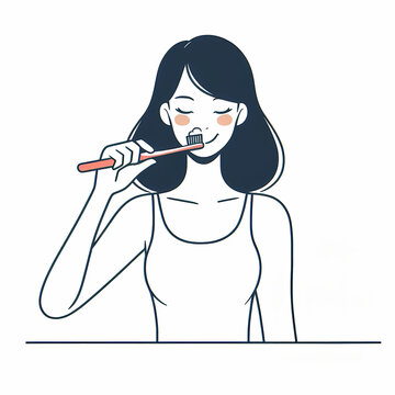 recommend clip art: Vector illustration of a young woman happily brushing her teeth on a white background, minimalist style.