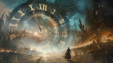 Surreal Time Travel Landscape with Clock Elements, ancient, time travel, space , a man standing in front of an ancient clock