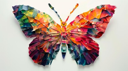 A butterfly with wings made from pieces of colorful paper, vibrant, detailed, white background