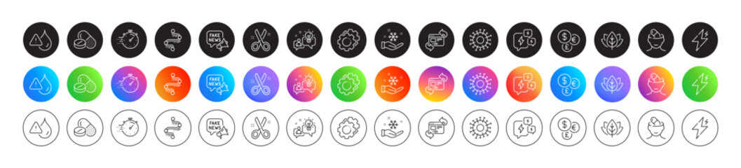 Settings gears, Power and Stress line icons. Round icon gradient buttons. Pack of Money currency, Timer, Medical drugs icon. Coronavirus, Idea, Waterproof pictogram. Vector