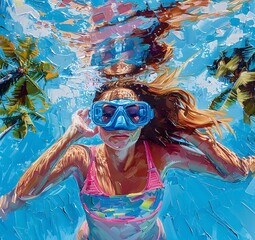 oil painting of swimming in the pool, woman with long wavy red hair wearing a pink and blue pastel neon suit floating underwater, which in Generate AI