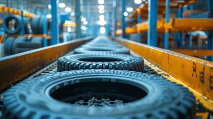 Tire recycling plant conveyor belt. A close-up view of tires on a conveyor belt at a tire recycling plant.