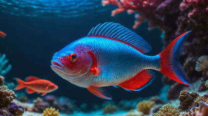 Fototapeta premium Vibrant Blue and Red Tropical Fish Swimming in Coral Reef Underwate